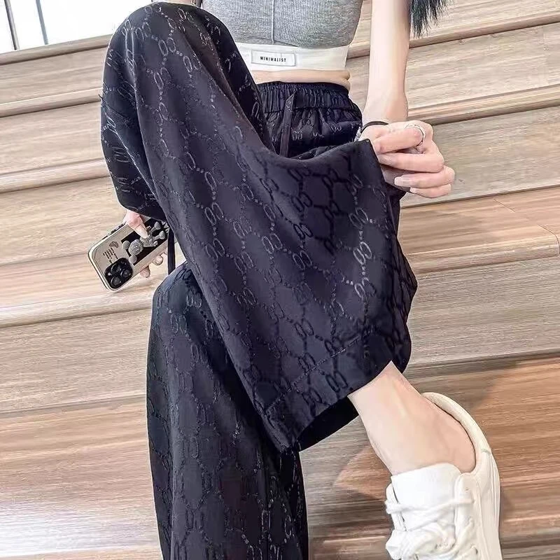 冰丝高腰夏季提花薄款阔腿裤休闲裤百搭卫裤春夏印花直筒长裤抽绳