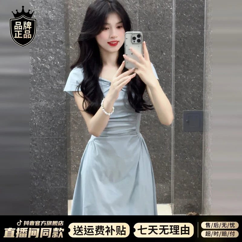 2025新款法式简约气质方领连衣裙子女夏季高级感收腰显瘦a字长裙