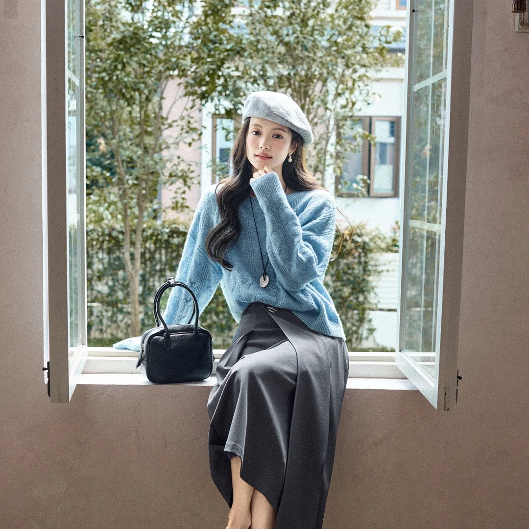 2034 麻花法式长袖毛针织衫温柔马海毛毛衣女