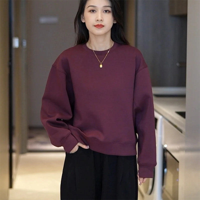 香朵儿纯色简约时尚百搭圆领卫衣2025春秋季新款宽松女款气质上衣