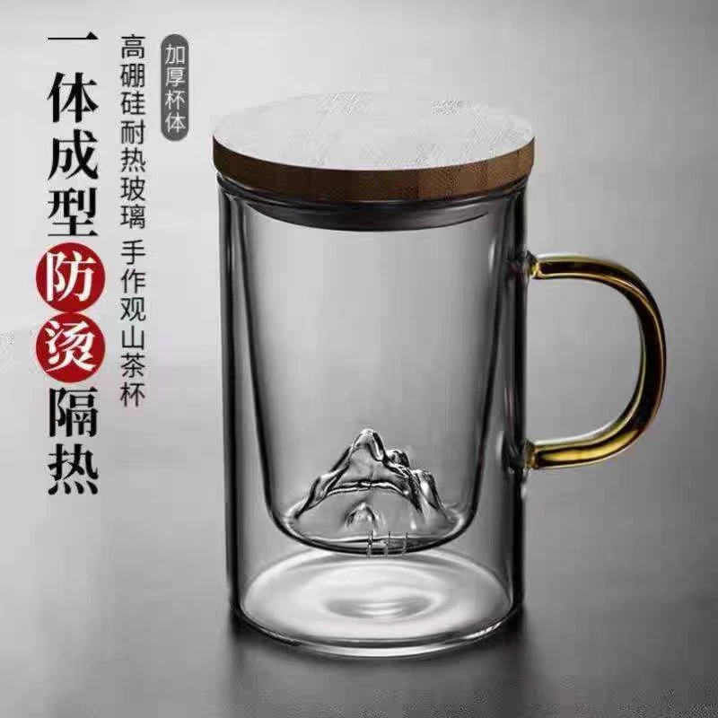高硼硅玻璃水杯茶水分离泡茶杯办公室过滤加厚观山杯竹木盖茶水