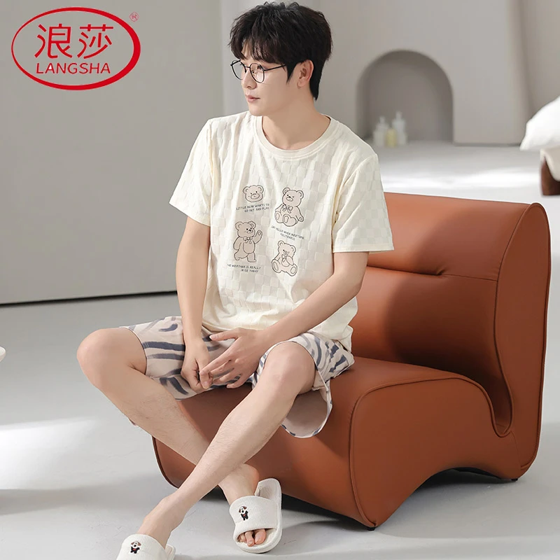 浪莎纯棉男士睡衣夏季短袖短裤休闲宽松大码可外穿家居服两件套装