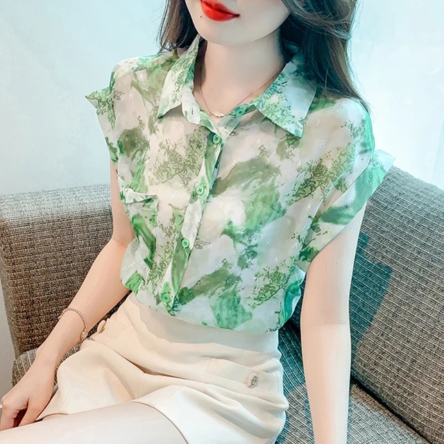 女士POLO领碎花衬衫女短袖夏季2025新款洋气花色衬衣显瘦气质上衣