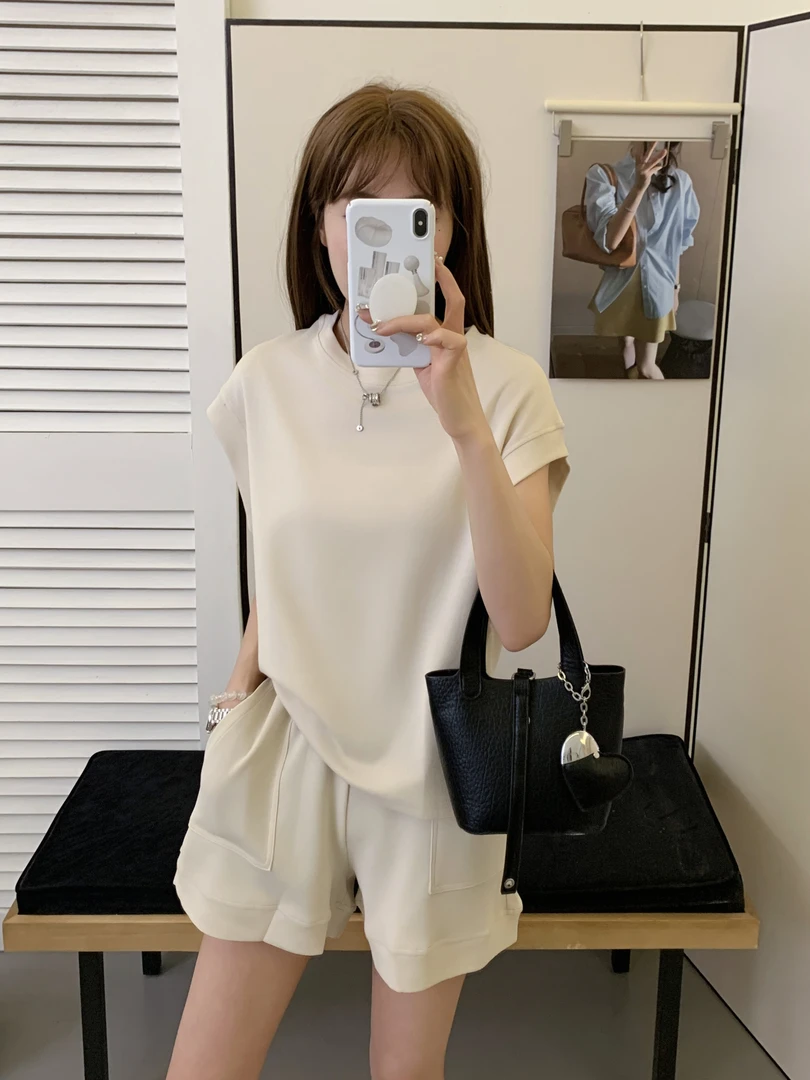 程程甄选  减龄显瘦城市运动风韩系休闲时尚夏季短袖套装6006