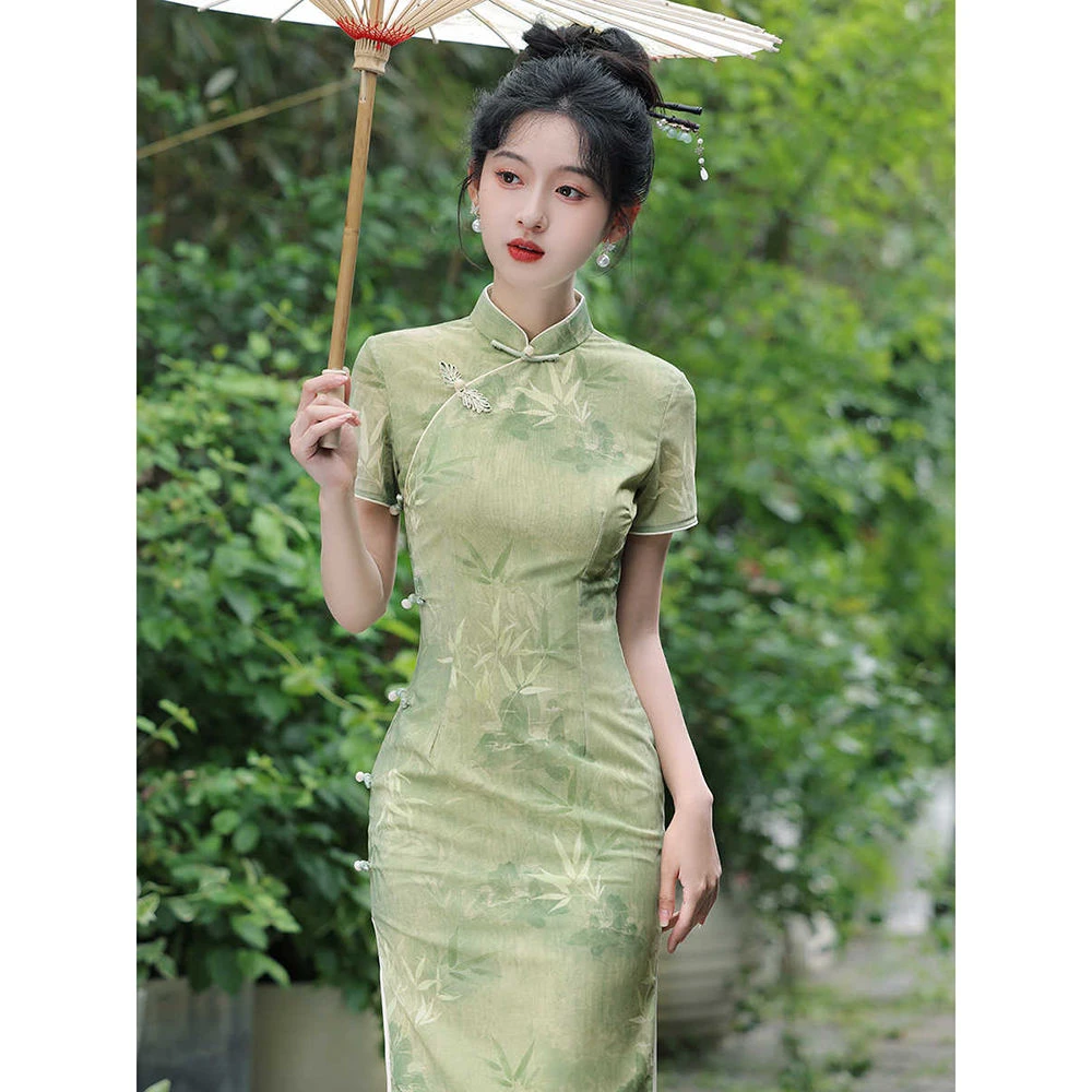 绿色送考旗袍女2025夏季年轻款高端长款日常改良高考中考一路绿灯