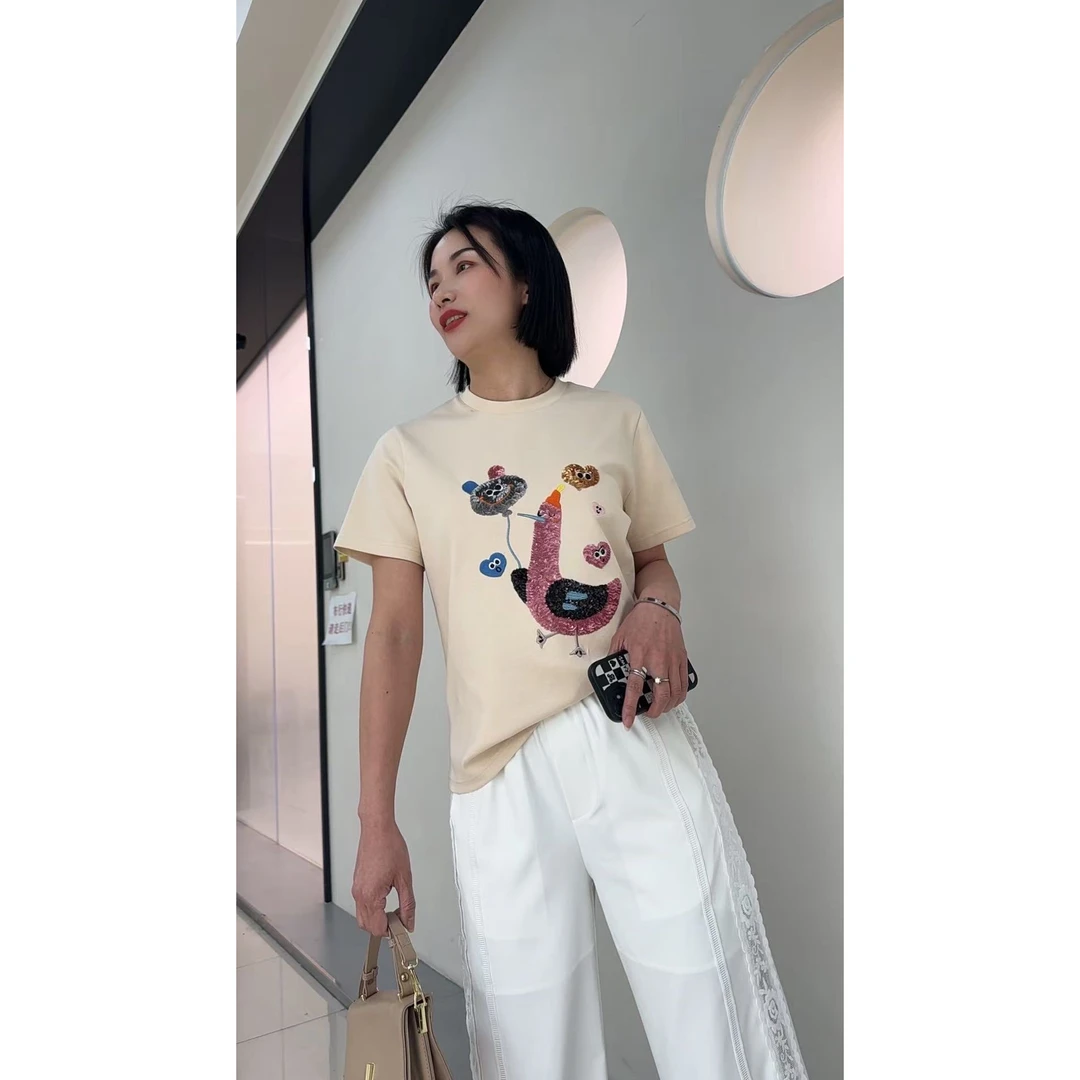 50363短袖T恤24年秋新款圆领上衣时尚亮片刺绣遮肉显瘦打底衫