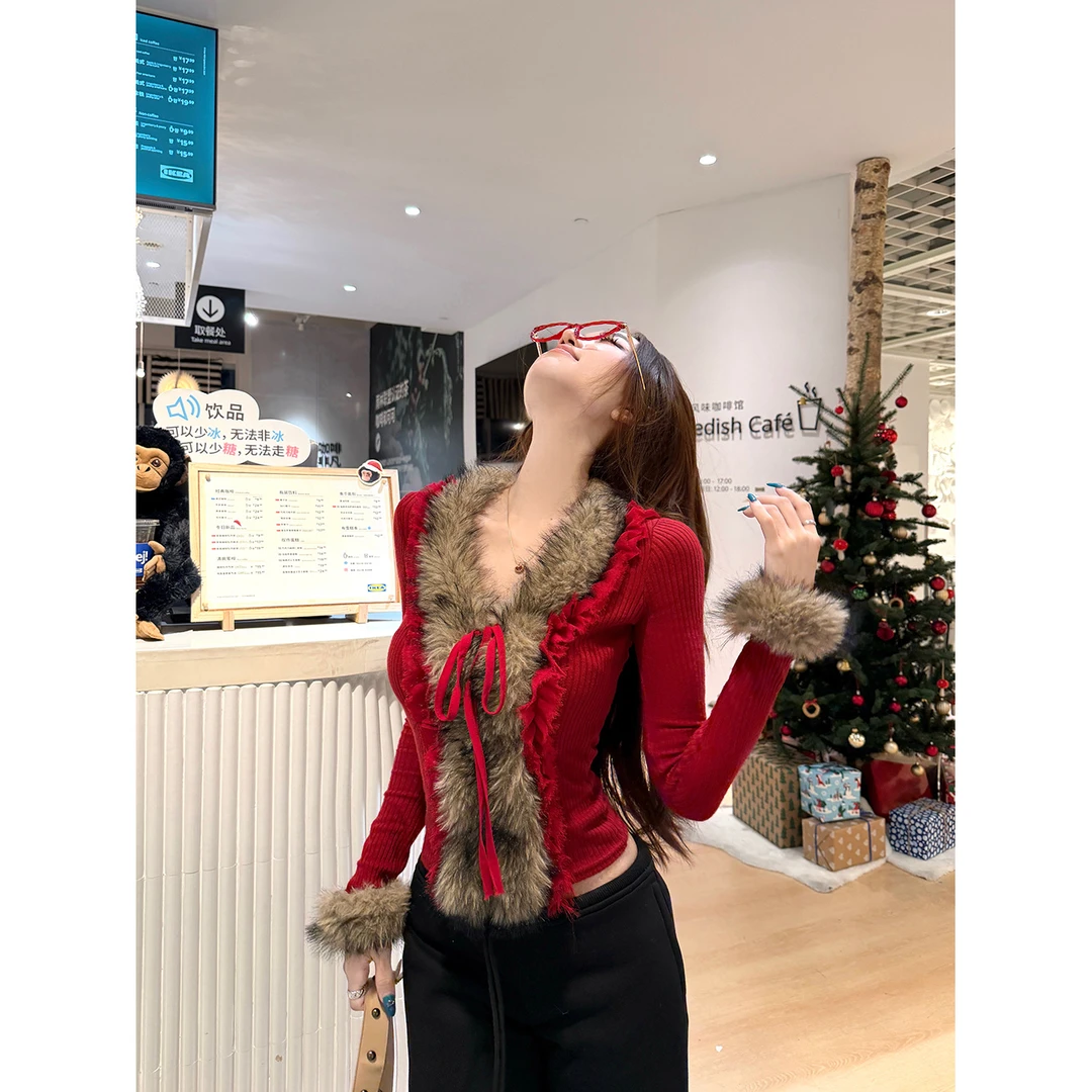 溪溪靓衫~名门盛宴 法式氛围感毛领设计感温柔修身打底针织衫上衣