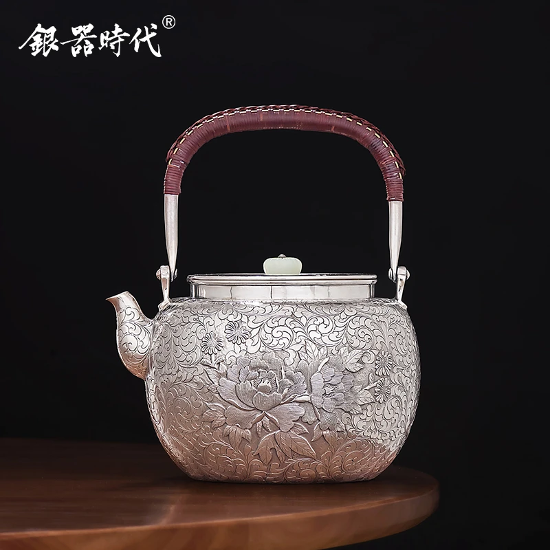 银器时代 银壶 足银999烧水壶富贵牡丹中式家用复古纯手工银茶壶