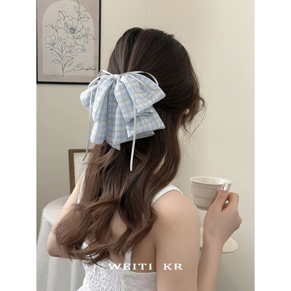 2025新款格子后脑勺夹子头饰高级感马尾夹超绝美蝴蝶结发饰抓夹女