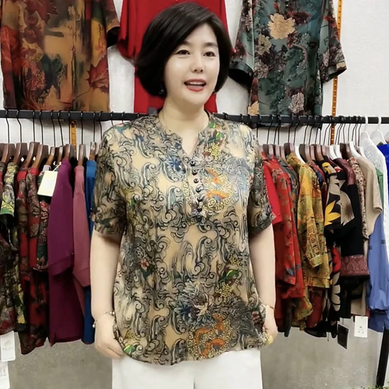 2025夏季新款短袖遮肚打底衫气质时尚显瘦减龄洋气印花上衣女