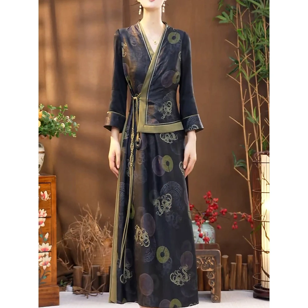 复古文艺风印花拼接假两件连衣裙2025夏季新款端庄优雅七分袖长裙