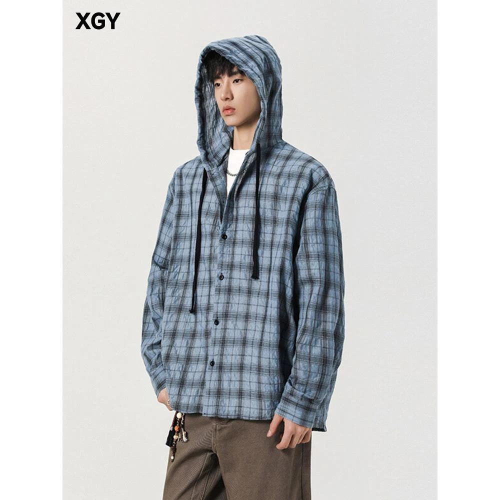 美式复古格纹连帽防晒衣男潮牌撞色高级感外套户外休闲慵懒风夹克
