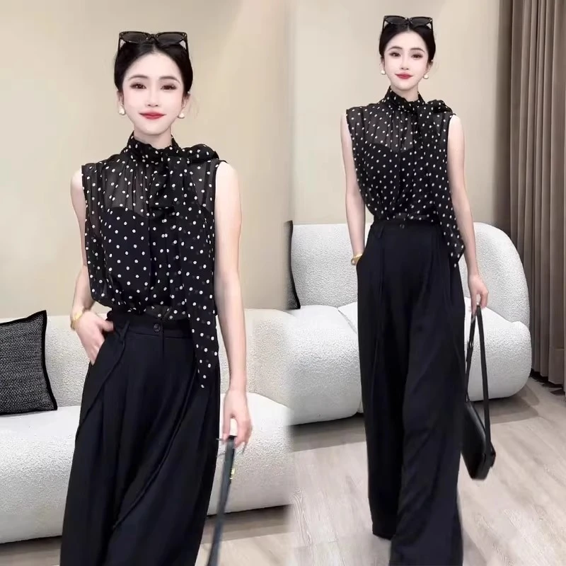 拉夏贝尔时尚套装女2025夏季气质无袖雪纺波点上衣阔腿裤两件套潮