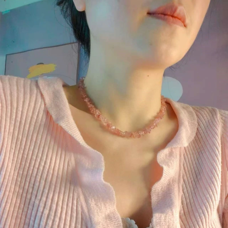 非金属珐琅项链 草莓满天星碎石项链仙女清透粉系超美女锁骨链