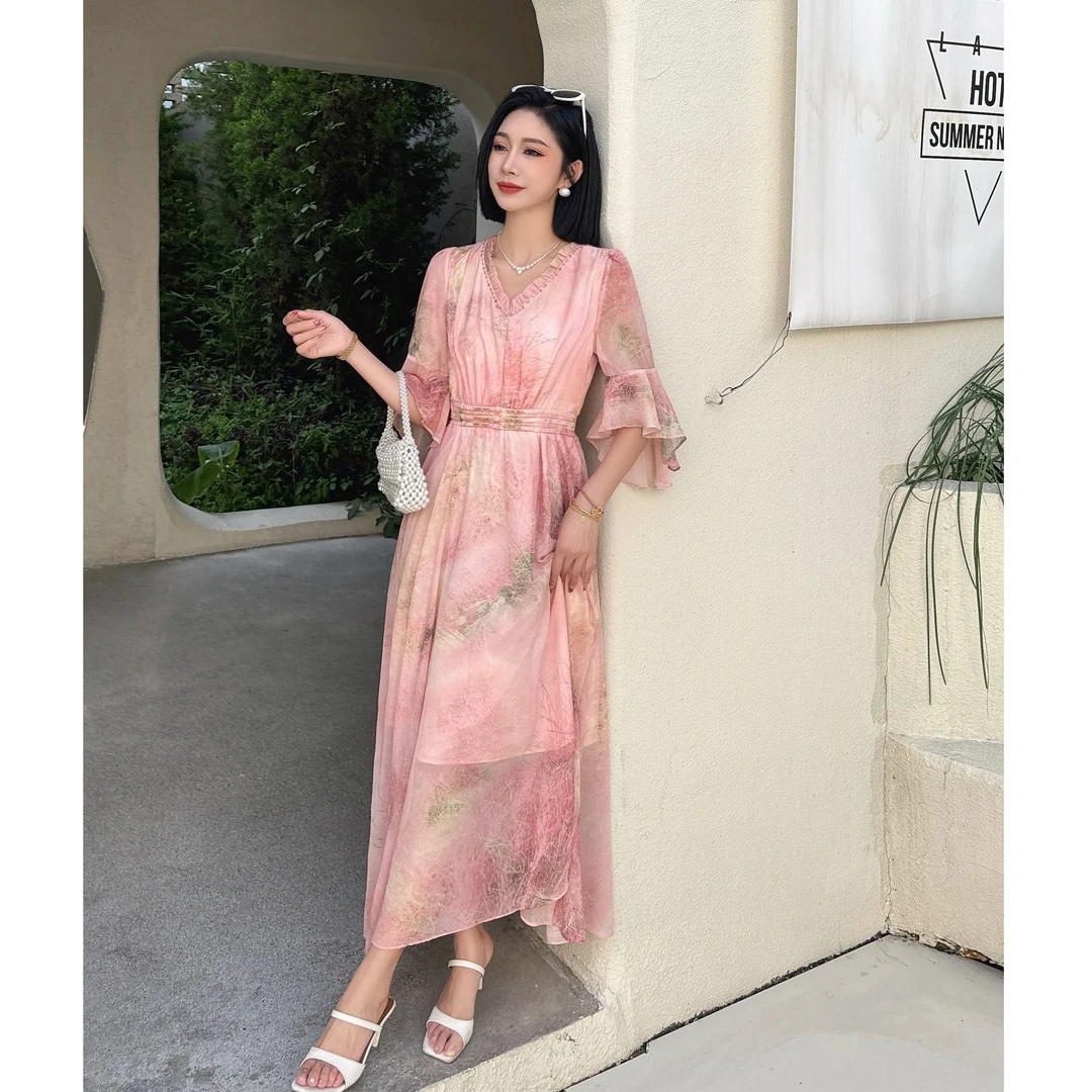 DS52922回味依衣高级感时尚设计师感收腰印花连衣裙