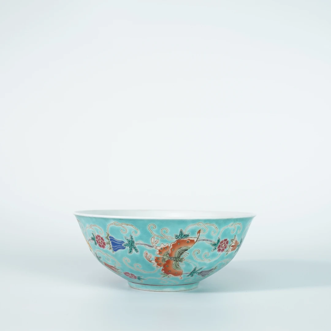 LABCS251227020【十竹斋】民国松石绿蝶恋花粉彩赏碗