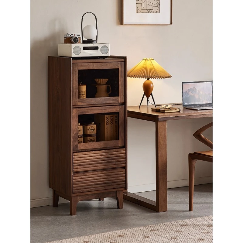 澜庭阁北美黑胡桃木小酒柜北欧简约展示立柜家用客厅实木靠墙边柜