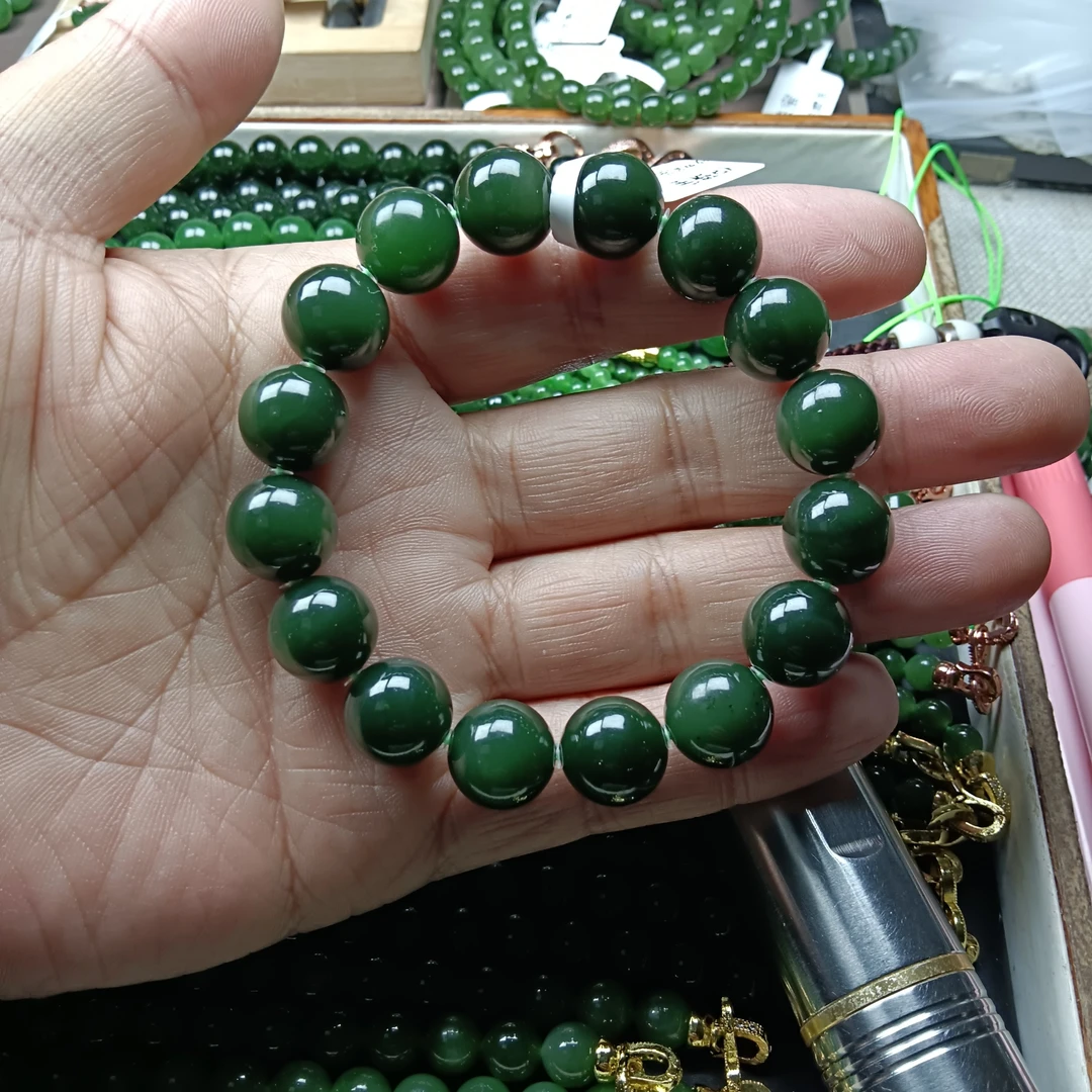 和田玉碧玉辣菠菜绿卡13mm手串