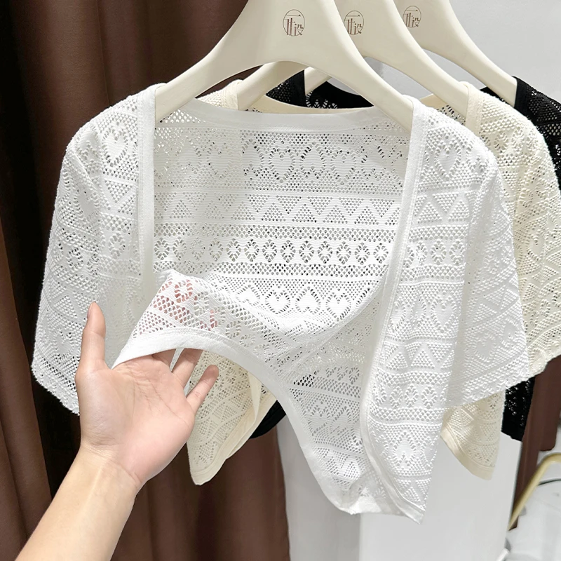 白色绝美镂空短袖蕾丝开衫夏季搭长裙软糯气质坎肩短款小香风外套