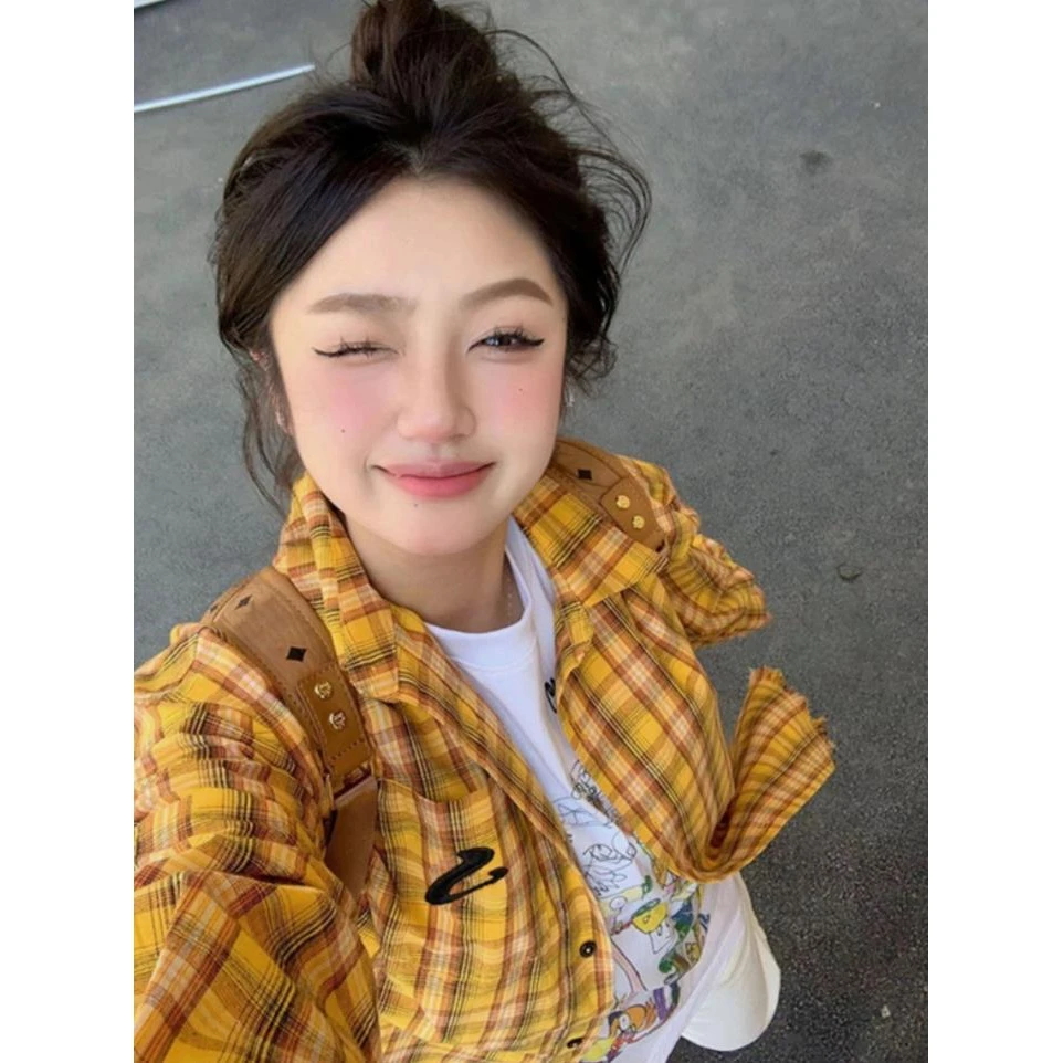 男女同款原创美式多巴胺黄色格子衬衫下摆毛边开衫上衣翻领外套in