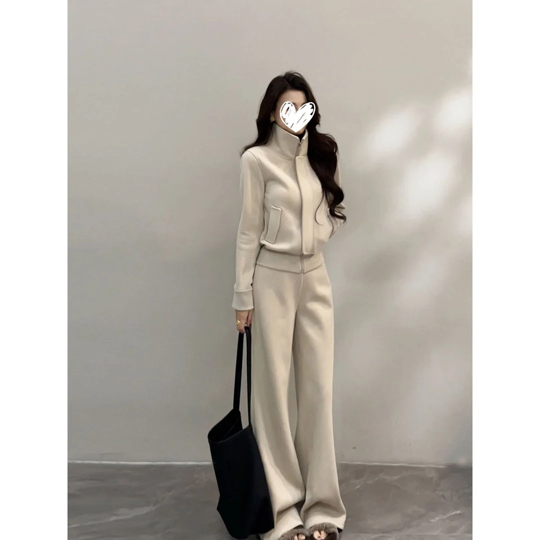 【3881】韩系时尚拉链长袖立领短款卫衣外套女秋冬新款气质阔腿裤