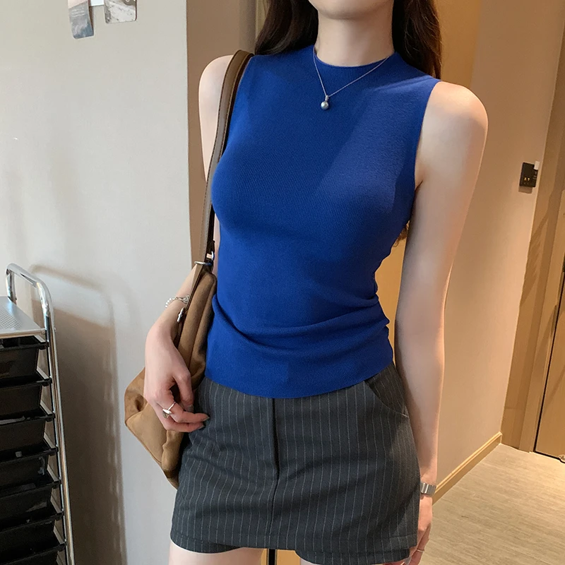 韩系慵懒半高领无袖针织衫女2025夏季新款漂亮内搭背心上衣通勤