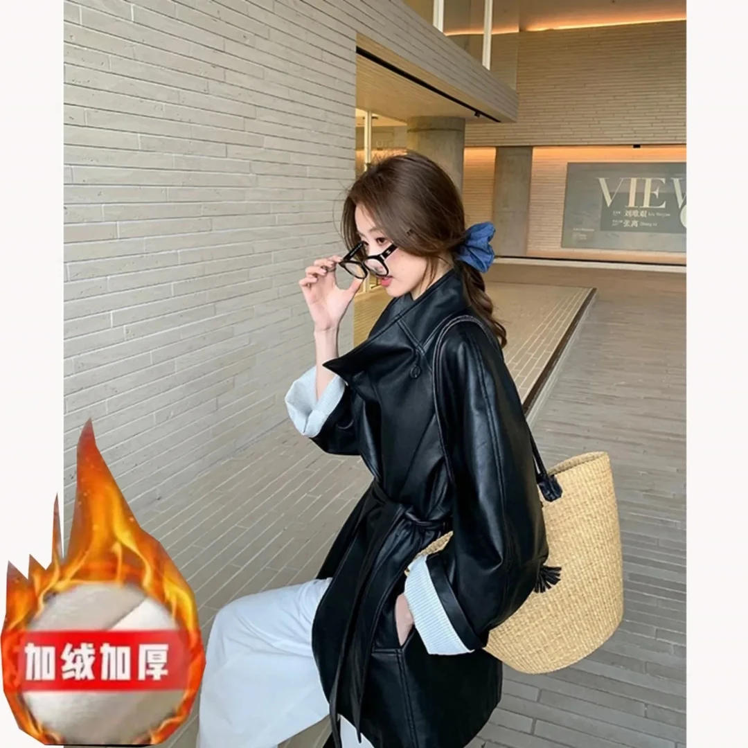 冬季新款加绒加厚黑色皮衣外套女高级感酷飒风气质系带中长款风衣