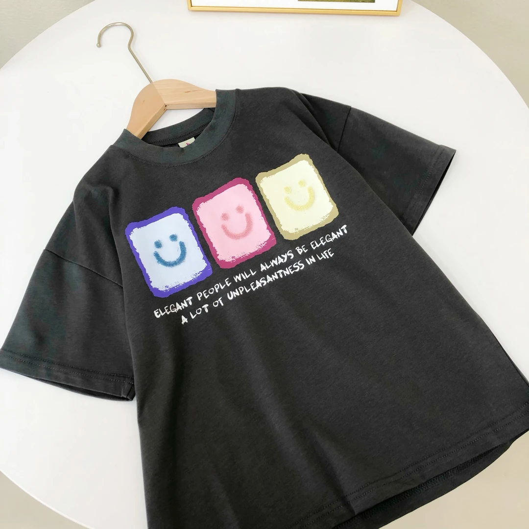 夏季儿童印花字母纯棉中大童牙刷绣笑脸圆领短袖T恤   4073