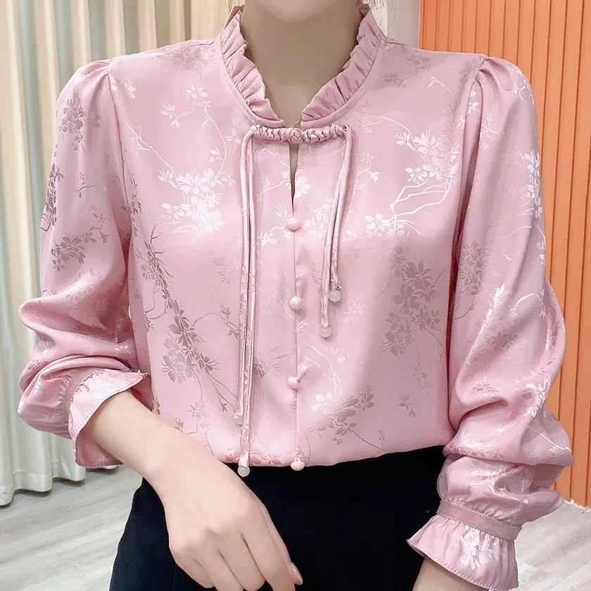 中国风气质复古长袖缎面衬衫女宽松遮肉显瘦洋气上衣长袖衬衣2025