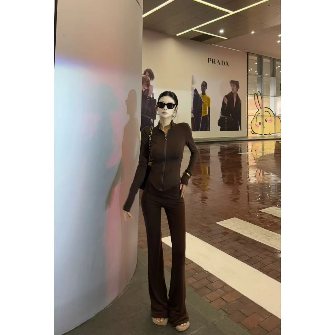 【高街slay】早秋新款长袖上衣两件套高腰休闲裤垂感微喇裤套装