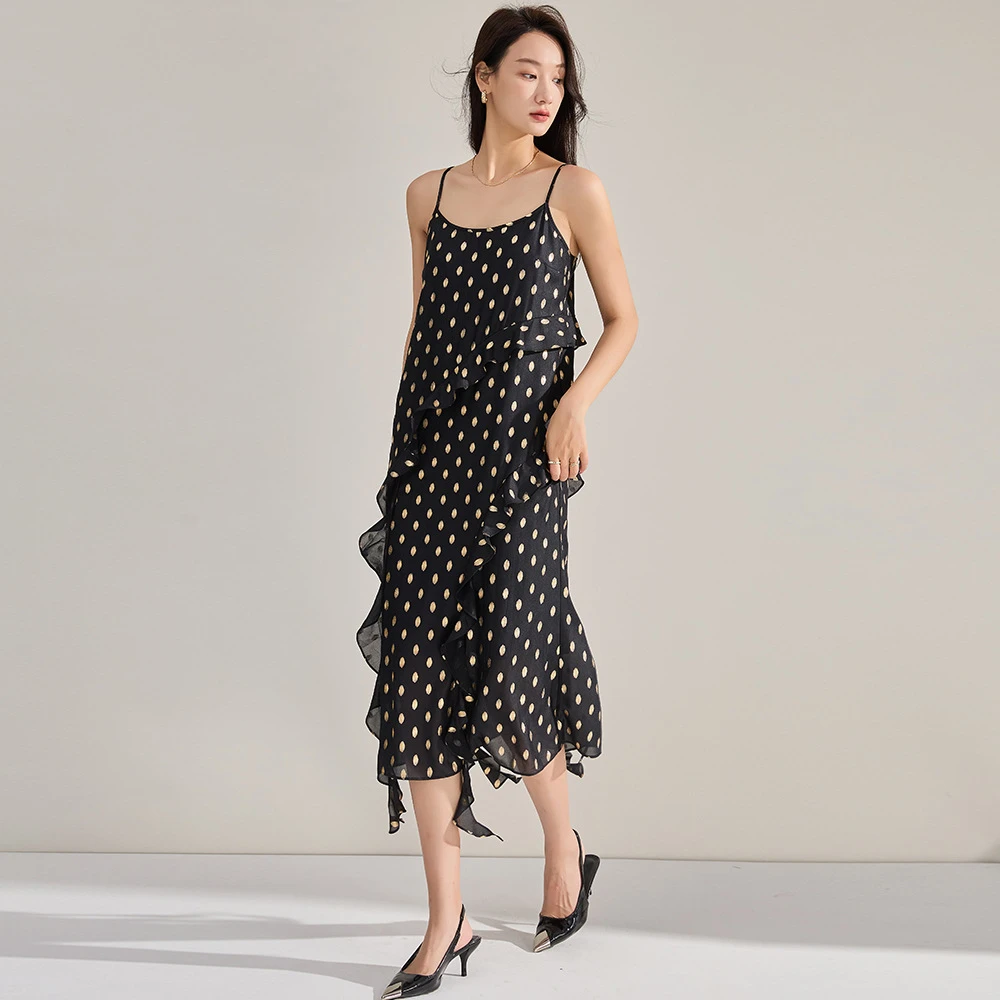 新法式黑色复古波点吊带连衣裙长裙裙子女度假裙老钱风显瘦打底裙