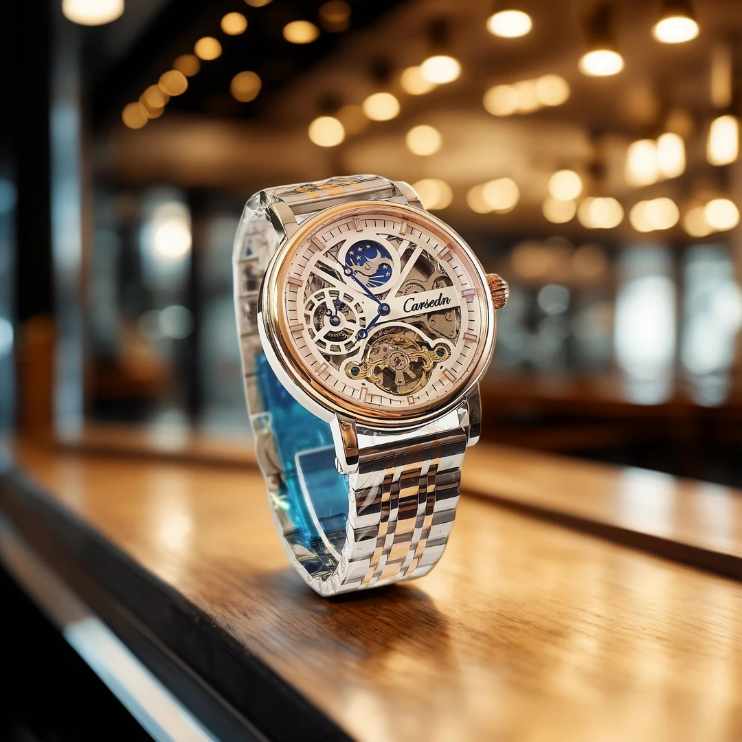 欧美轻奢男士全自动机械镂空防水夜光陀飞轮两地时潮流百搭手表