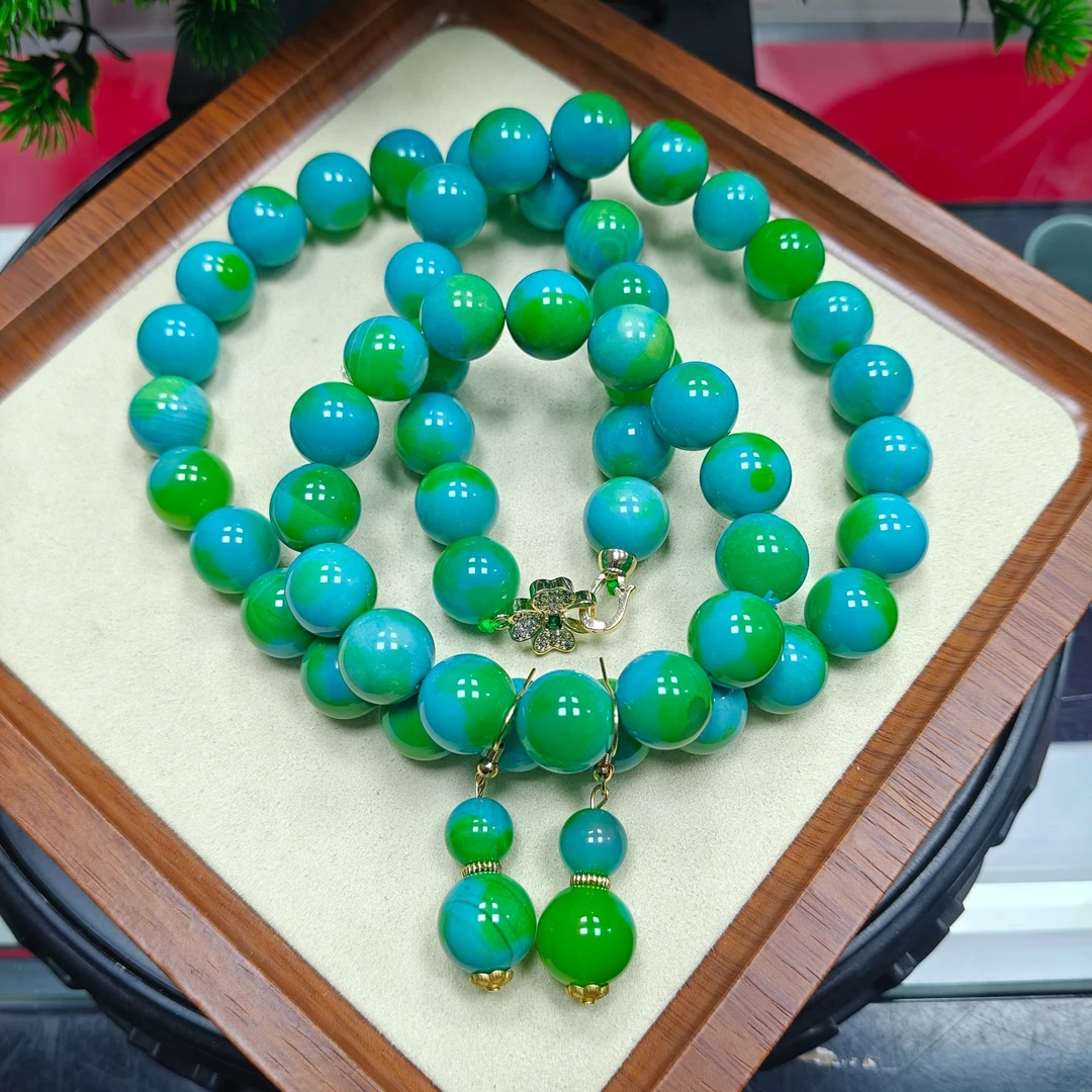 万年青花长寿玉石玛瑙项链+手串+耳坠