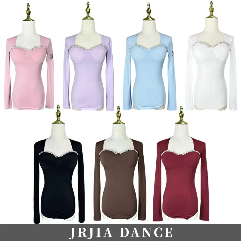 JIADANCE舞服R173钻链方领长袖上衣专业拉丁摩登练功服女带胸垫