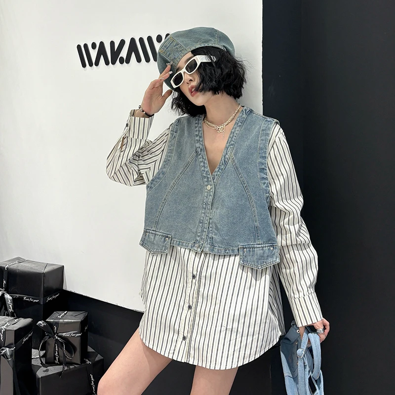 大码女装v领条纹长袖衬衫短款牛仔马夹套装240斤胖妹妹两件套春季