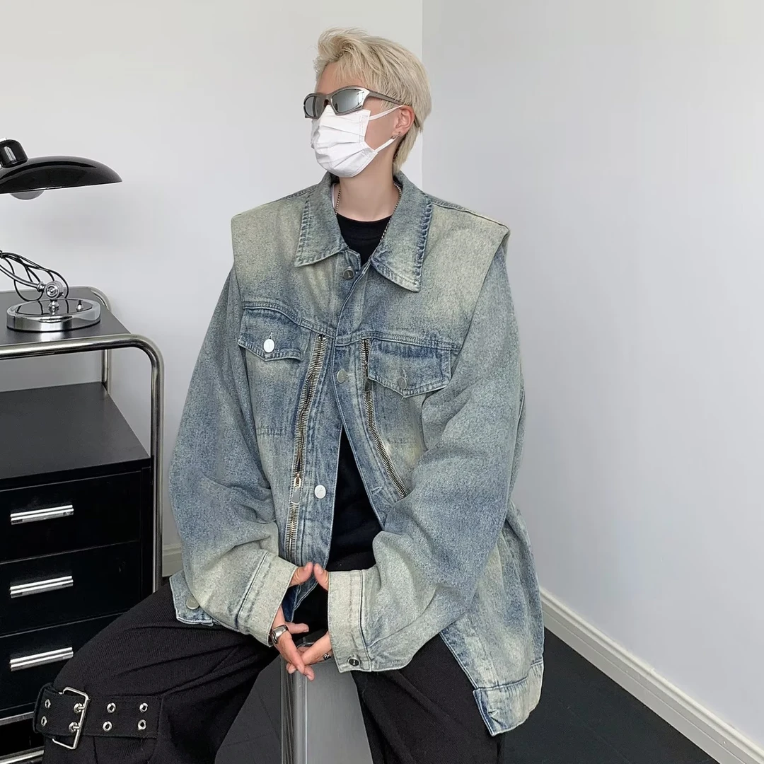 垫肩牛仔外套男款秋季美式潮牌复古水洗拉链设计宽松休闲工装夹克
