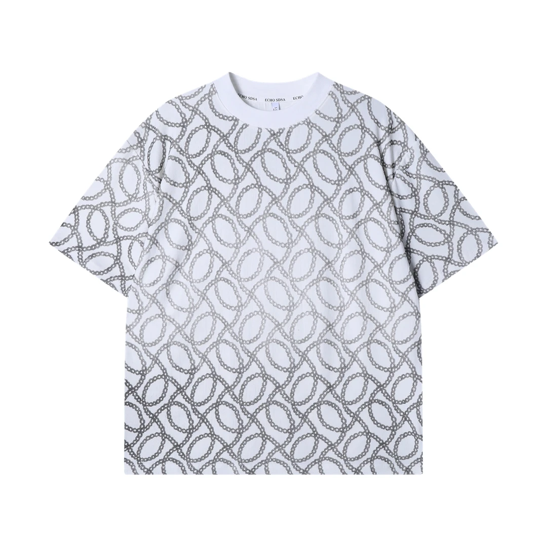 夏季高级感新款美式撞色凌乱线条圆领短袖T恤时尚休闲情侣上衣