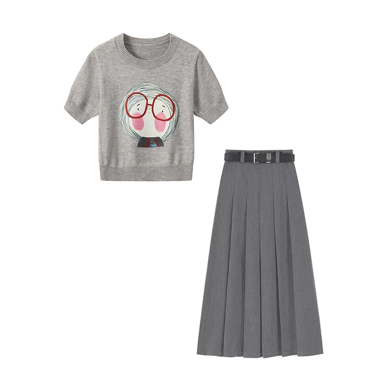 夏季穿搭一整套女新款甜美短袖针织上衣高腰百褶裙两件套装P2046