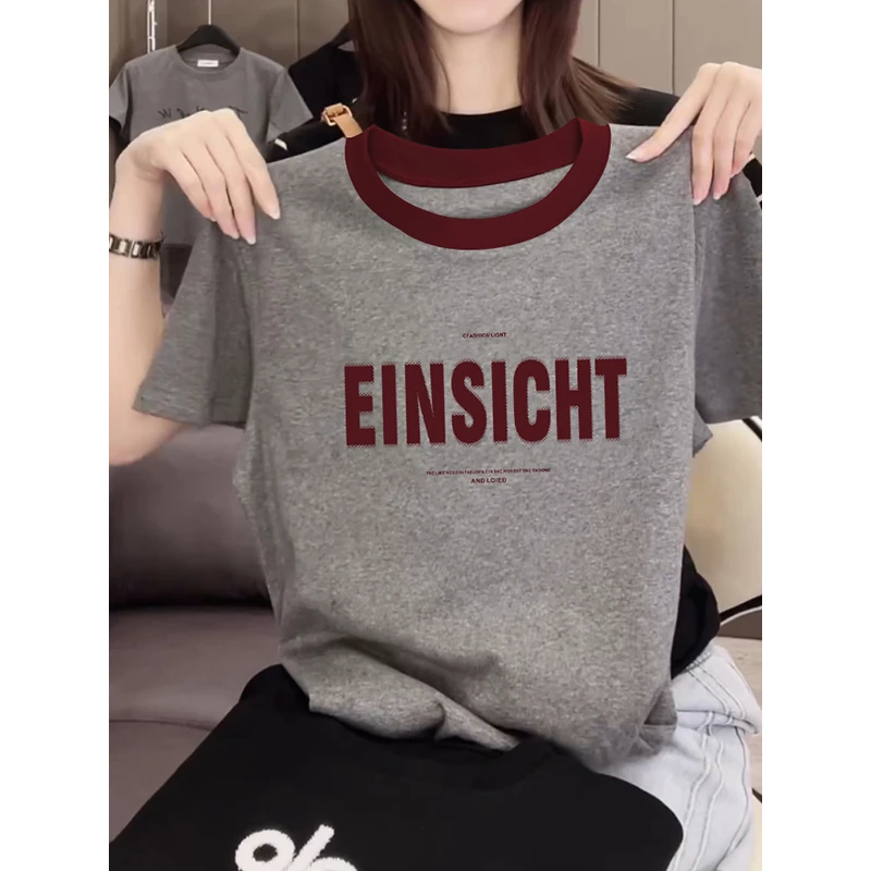 2025新款夏季正肩撞色领短袖t恤女设计感时尚百搭高灰色洋气上衣