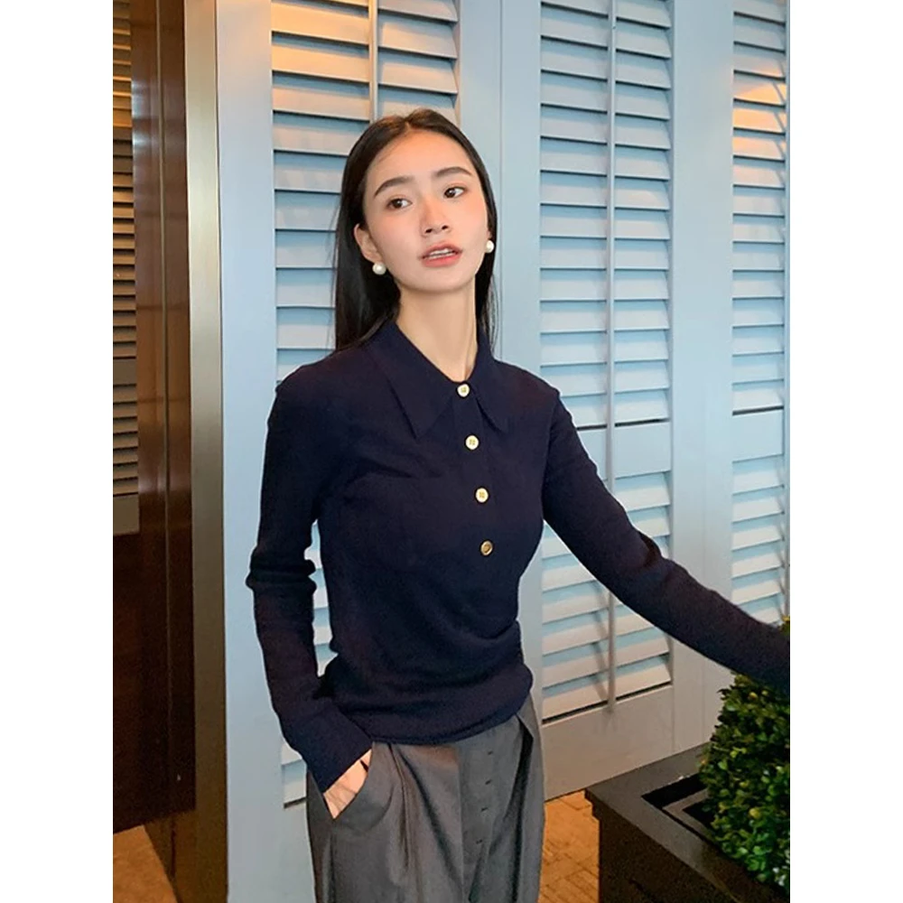 高级感气质polo领打底针织衫女春设计感小众修身显瘦上衣内搭毛衣