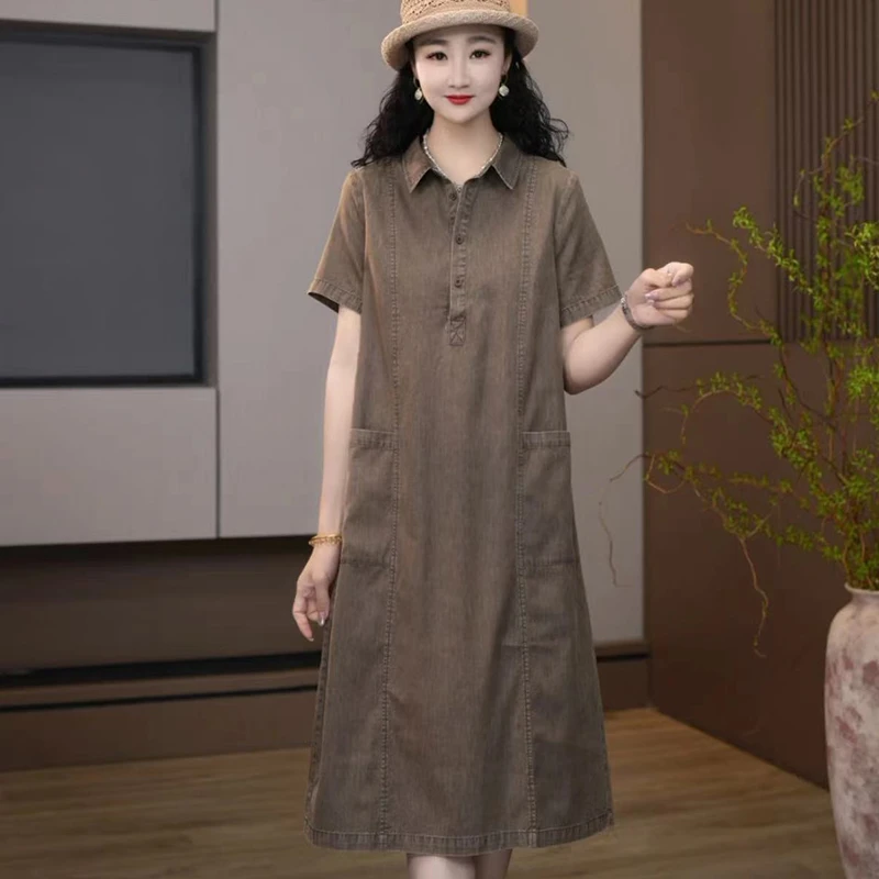 A-8640连衣裙女新款夏装气质翻领宽松休闲显瘦高级感短袖裙子