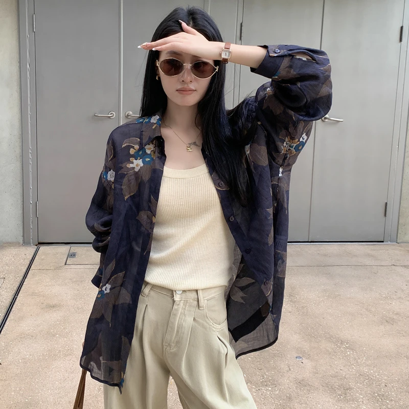 2025新款秋装女装老钱风防晒100%苎麻衬衫上衣外套女长袖宽松百搭