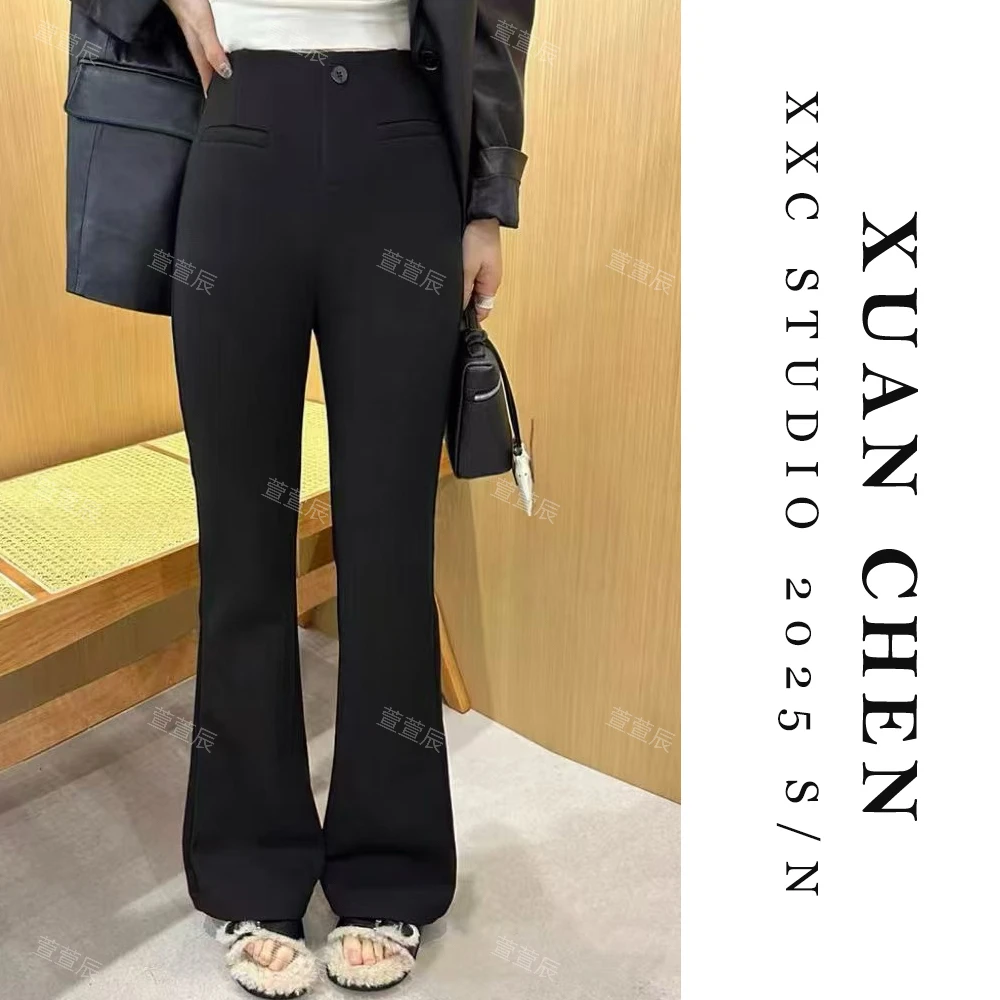 【高挑比例】韩版修身黑色弹力直筒微喇裤春季薄款高腰女裤#8065