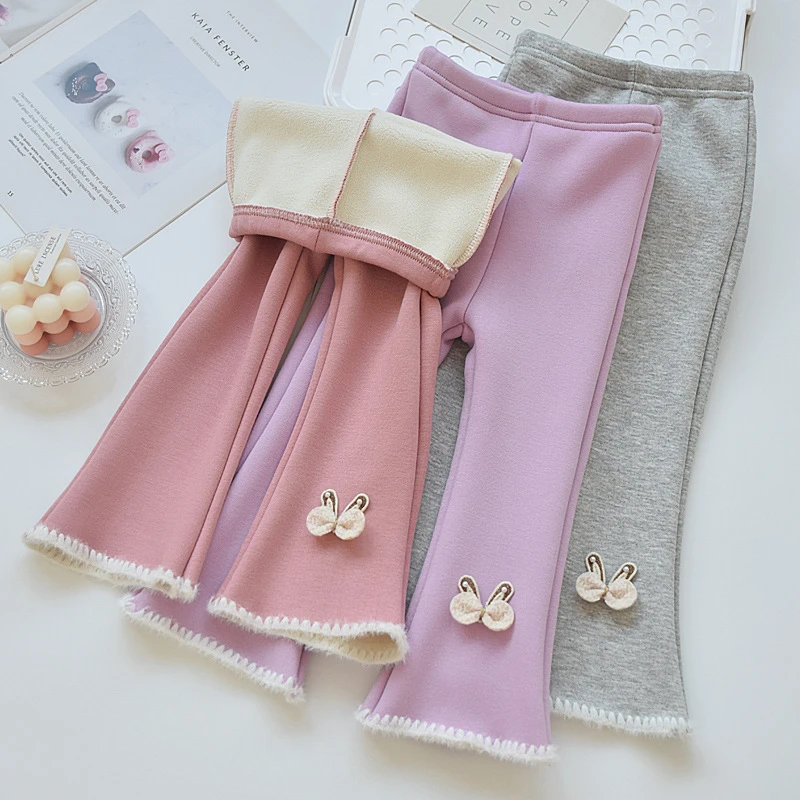 冬季女童加绒微喇叭裤宝宝秋冬加厚打底裤子洋气休闲女孩修身长裤