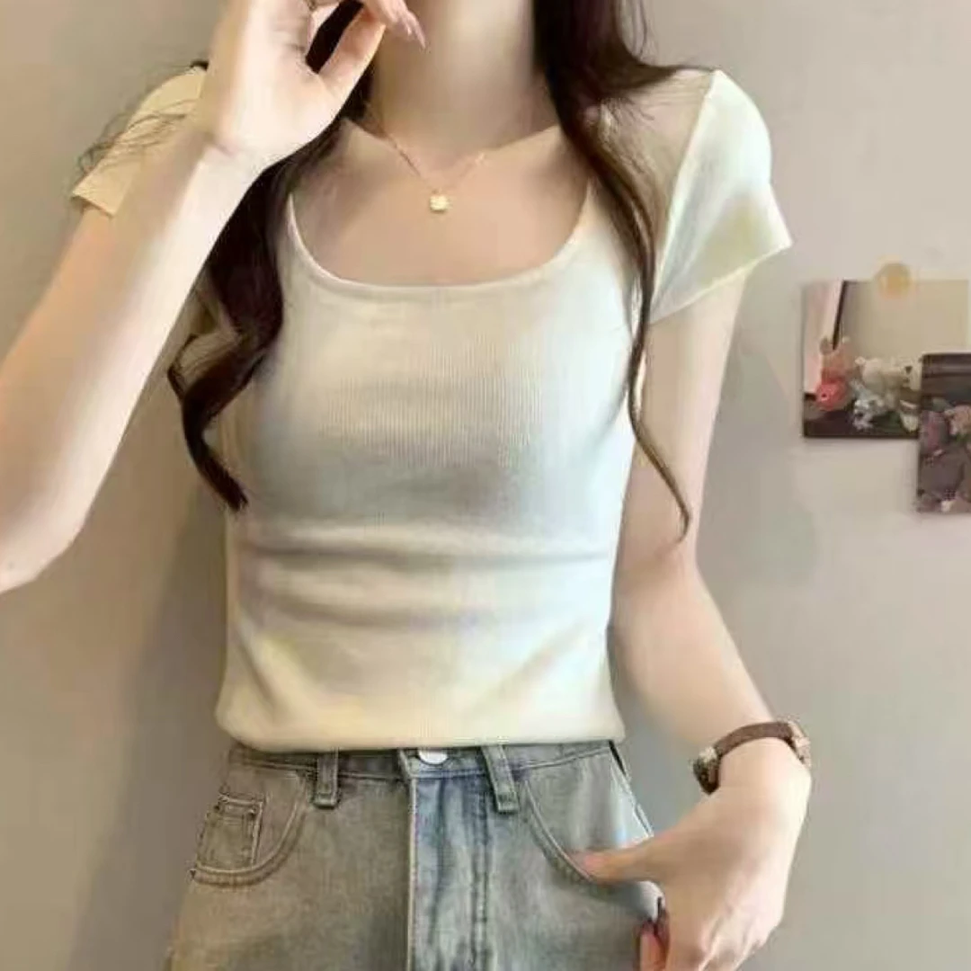 夏季毛衣打底衫衫修身方领短袖毛针织衫女法式