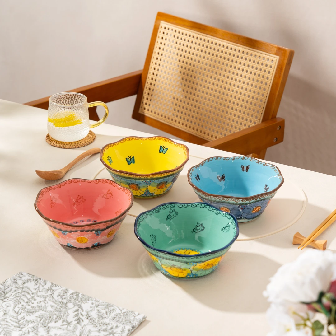 【SILESIA/出口原单】手绘色彩琉璃-6.5英寸斗笠碗4个装