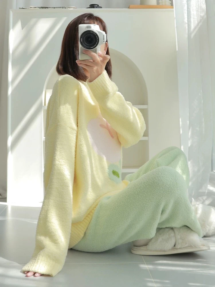 郁金香保暖冬天睡衣女冬季加绒加厚半边绒可外穿家居服甜美冬款