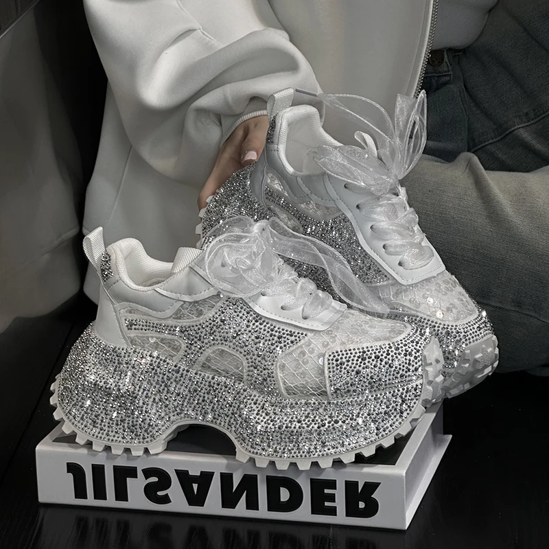 欧货水钻满钻网纱透气系带松糕厚底小个子增高老爹鞋女休闲运动鞋