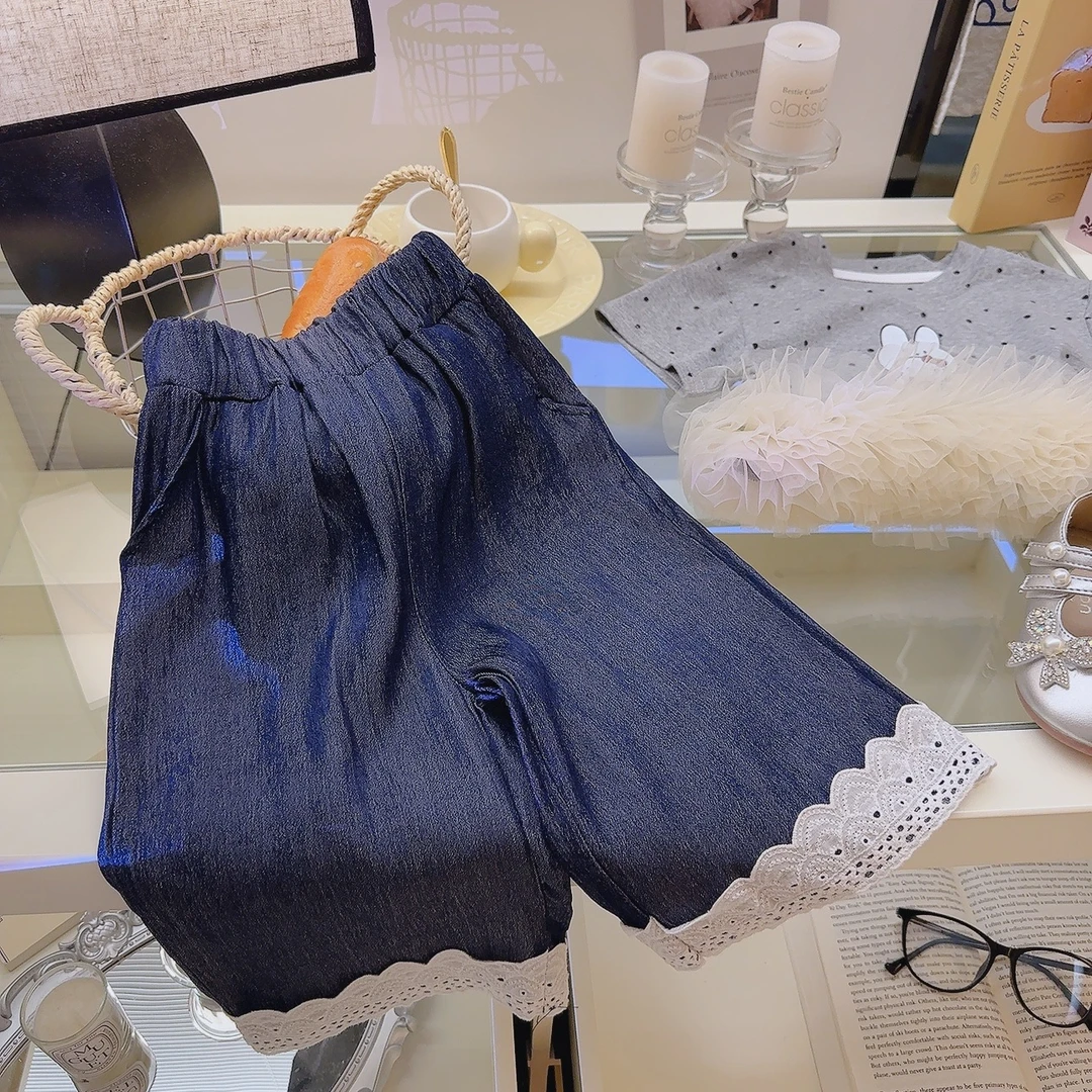 2025夏季薄款蕾丝拼接牛仔裤女童九分阔腿裤宽松显瘦直筒休闲裤