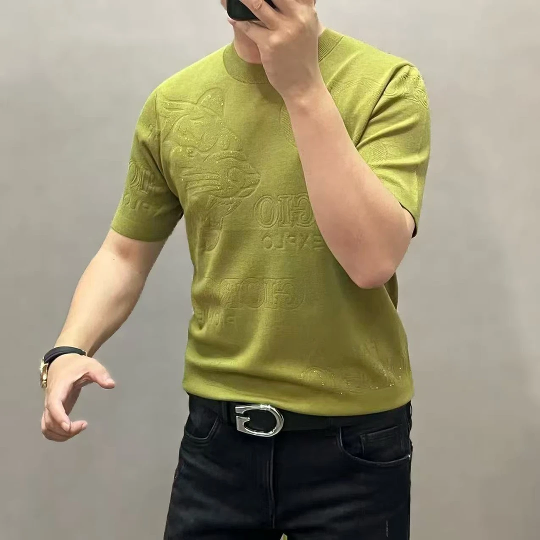 新款高端男士时尚烫钻豹头图案圆领短袖针织77208